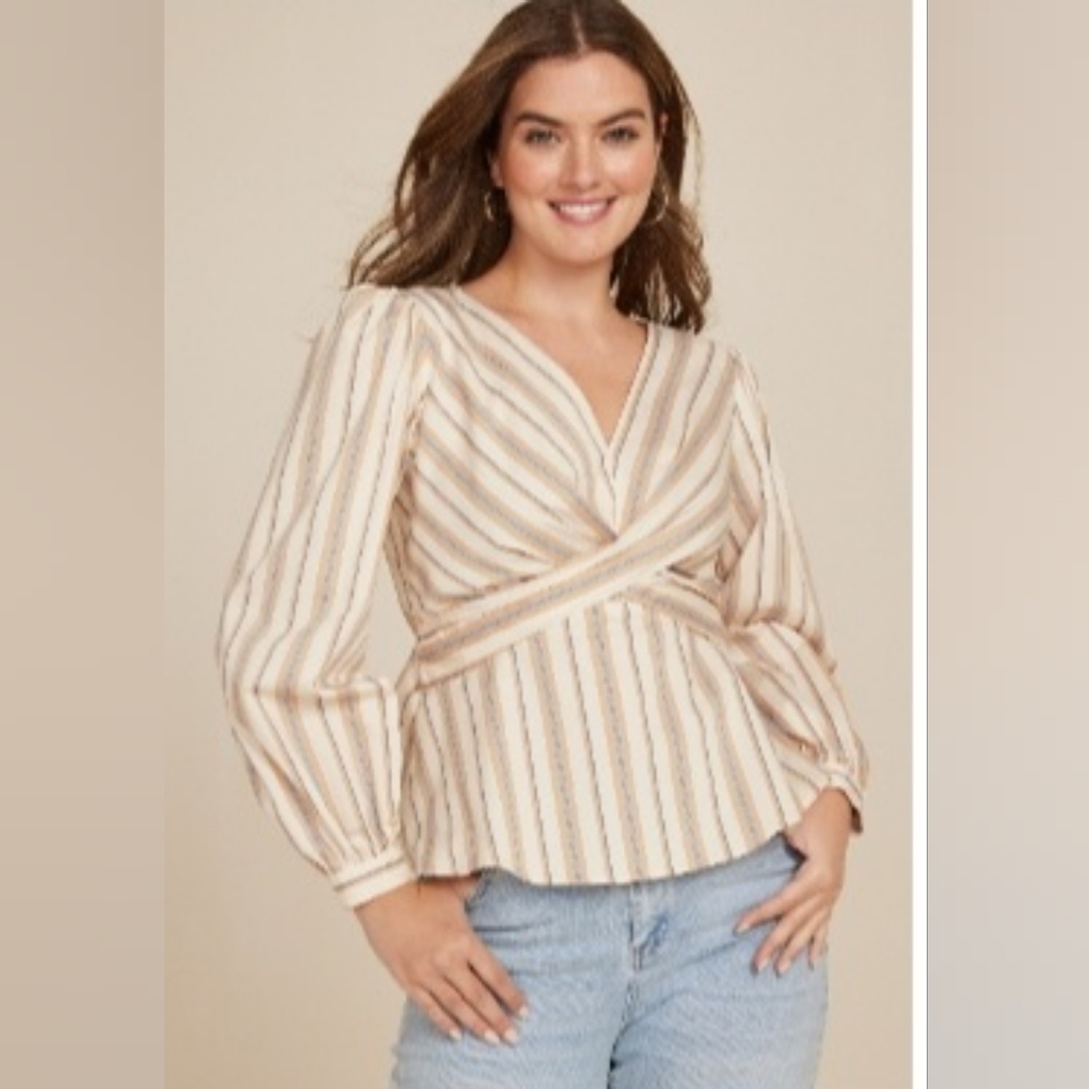 NWT Maurices Tan Wrap Peplum Blouse with Puff Sleeves